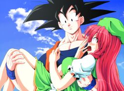  1boy black_eyes black_hair blue_eyes blush braid breasts carrying cloud commentary_request crossover day dragon_ball dragon_ball_z female hat highres hong_meiling kamishima_kanon large_breasts long_hair open_mouth princess_carry red_hair short_hair sky smile son_goku surprised touhou 