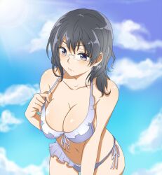  bad_id bad_pixiv_id bikini black_hair blue_bikini blush breasts cloud collarbone day female frilled_bikini frills front-tie_bikini_top front-tie_top glasses gradient haikyuu!! kasumi_ritsu large_breasts leaning_forward lens_flare light_rays looking_to_the_side mole mole_under_mouth navel outdoors parted_bangs pink_eyes rimless_eyewear shimizu_kiyoko short_hair side-tie_bikini_bottom sideboob sky solo strap_gap strap_pull sun sunbeam sunlight swimsuit thigh_gap 