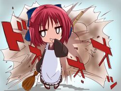  apron bamboo_broom bow broom chibi commentary_request explosion female hairbow half_updo hand_to_own_mouth highres japanese_clothes kimono kinka kohaku_(tsukihime) maid melty_blood red_hair short_hair smile tsukihime wa_maid 