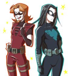  2boys arsenal_(dc) belt black_hair bodysuit dc_comics dick_grayson domino_mask facial_hair fingerless_gloves gloves goatee hand_on_hip ladama long_hair male male_focus mask multiple_boys nightwing orange_hair roy_harper smile sunglasses thigh_strap 