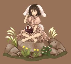  animal_ears bad_id bad_pixiv_id barefoot black_hair bottle carrot carrot_necklace closed_eyes cup dandelion dress female flower inaba_tewi indian_style jewelry necklace open_mouth pendant pink_dress puffy_sleeves rabbit_ears rabbit_girl rabbit_tail rock sakazuki sake_bottle short_hair short_sleeves sitting sitting_on_rock smile solo tail touhou tsukiori 