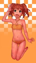  bare_shoulders barefoot belly bikini brown_hair commentary_request female flat_chest green_eyes highres ichimi_tougarashi idolmaster idolmaster_(classic) kneeling long_hair looking_at_viewer navel open_mouth smile solo swimsuit takatsuki_yayoi twintails wet 