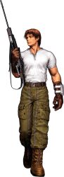  1boy boots brown_hair capcom dino_crisis dino_stalker gloves gun highres long_image machine_gun male_focus mori_toshiaki official_art polo_shirt tall_image transparent_background weapon 