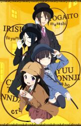  1boy 3girls aged_down cane character_name chitanda_eru commentary_request cosplay detective glasses hat highres hyouka irisu_fuyumi juumonji_kaho kimi_ni_matsuwaru_mystery kiya_machi letterboxed multiple_girls thighhighs toogaito_masashi top_hat 