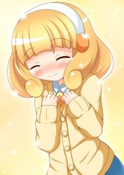  blonde_hair blush cardigan closed_eyes commentary_request female hairband highres necktie precure school_uniform short_hair skirt smile smile_precure solo tears white_hairband xenon_(for_achieve) yayoi_kise 