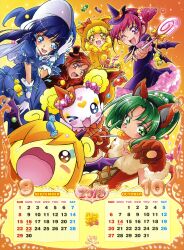  2013 5girls :d absurdres animal_ears aoki_reika bat_wings blonde_hair blue_eyes blue_hair blush bow calendar_(medium) candy candy_(smile_precure!) costume creature fangs food gloves green_eyes green_hair halloween hat highres hino_akane_(smile_precure!) hoshizora_miyuki kawamura_toshie long_hair midorikawa_nao multiple_girls october official_art one_eye_closed open_mouth orange_bow pink_bow pink_eyes pink_hair ponytail pop_(smile_precure!) precure red_eyes red_hair ribbon september smile smile_precure twintails whiskers wings witch_hat yayoi_kise yellow_eyes 