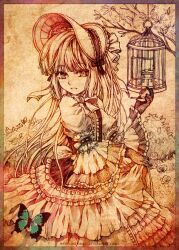  birdcage bonnet border bow bowtie branch brooch bug butterfly cage charcoal_(medium) clothes_grab commentary_request dress female flower frilled_dress frilled_sleeves frills gloves gosick gown gradient graphite_(medium) jewelry kuridoki light_smile lolita_fashion long_hair monochrome photoshop_(medium) rose sepia smoking_pipe traditional_media victorica_de_blois watermark web_address wide_sleeves 