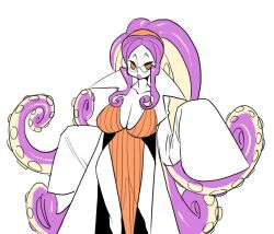  breasts cleavage female glasses lab_coat labcoat large_breasts lipstick long_hair long_sleeves makeup monster_girl purple_hair purple_lipstick scylla tentacle tentacle_hair yeeeebis 