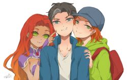  2boys alien arsenal_(dc) baseball_cap blue_eyes dc_comics female green_eyes hat jason_todd multicolored_hair multiple_boys nato orange_hair red_hair red_hood red_hood_(dc) roy_harper smile starfire two-tone_hair 