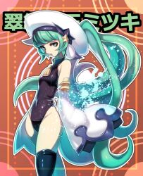  black_legwear detached_sleeves female green_eyes green_hair hat kazutani_ninshi long_hair mitsuki_(shinrabanshou) navel open_mouth shinrabanshou solo star tentacle tentacle_hair thighhighs wadani_hitonori water wide_hips 