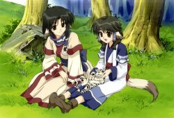  2girls ainu_clothes animal_ears artist_request aruruu brown_eyes dog_ears dog_tail eruruu hair_ornament hair_tubes headpat highres jewelry layered_sleeves long_hair multiple_girls official_art ring scan tail tiger utawarerumono 