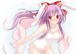  :&lt; animal_ears bad_id bad_pixiv_id bare_shoulders blush bow breasts chimunge cleavage colorized female hairbow highres holding kani_biimu leaning_forward light_purple_hair long_hair looking_at_viewer medium_breasts navel one-piece_swimsuit ponytail purple_hair rabbit_ears red_eyes reisen_udongein_inaba ribbon school_swimsuit solo swimsuit touhou towel very_long_hair white_one-piece_swimsuit 