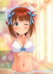  ;) acrylic_paint_(medium) amami_haruka armpits artist_name bad_id bad_pixiv_id banned_artist belly blush bra brown_hair closed_mouth colored_pencil_(medium) curtains green_eyes idolmaster idolmaster_(classic) navel one_eye_closed panties pastel_(medium) sarah_sauge short_hair smile solo traditional_media underwear underwear_only undressing 