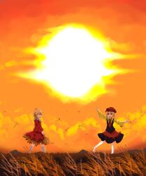  2girls aki_minoriko aki_shizuha barefoot basket blonde_hair bug cloud commentary_request dragonfly food fruit grapes hair_ornament hat highres leaf multiple_girls open_mouth pantyhose ruu_(tksymkw) short_hair siblings sisters skirt smile sun touhou walking yellow_eyes 