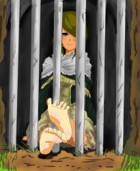  anastacia_of_astora bad_feet barefoot bars blue_eyes blush cage capelet commentary_request dark_souls_(series) dark_souls_i feet female foot_focus fringe_trim hair_over_one_eye happy i_b_b_e in_cage sitting smile soles solo spread_toes toe_scrunch toes wiggling_toes 