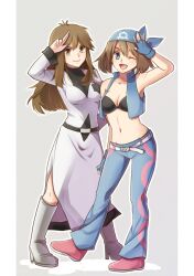  2girls ;) alternate_costume ariana_(pokemon) ariana_(pokemon)_(cosplay) arm_up bandana belt blue_eyes boots bra breasts brown_hair cleavage coat commentary_request cosplay fingerless_gloves full_body gloves green_eyes leaf_(pokemon) looking_at_viewer may_(pokemon) medium_breasts midriff mokorei multiple_girls one_eye_closed pokemon pokemon_frlg pokemon_hgss pokemon_rse salute shelly_(pokemon) shelly_(pokemon)_(cosplay) simple_background smile standing team_aqua team_rocket underwear vest 