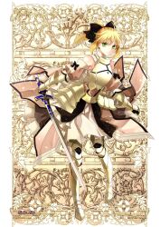  ahoge armor armored_dress artoria_pendragon_(fate) blonde_hair bow caliburn_(fate) character_name commentary_request detached_sleeves fate/stay_night fate/unlimited_codes fate_(series) faulds female gauntlets greaves green_eyes hachini hairbow photoshop_(medium) ponytail saber_lily solo sword weapon 