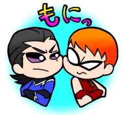  2boys aqua_lad black_hair bodysuit cartoon_network chibi crossed_arms dc_comics garth lowres male male_focus mask multiple_boys orange_hair pixiv_manga_sample roy_harper speedy teen_titans 