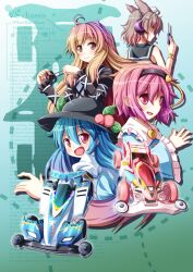  4girls ahoge akashio_(loli_ace) blonde_hair blue_hair bracelet brown_hair commentary_request earmuffs english_text gradient_hair hairband hat heart hijiri_byakuren hinanawi_tenshi holding jewelry komeiji_satori long_hair mini_4wd mouth_hold multicolored_hair multiple_girls open_mouth own_hands_together pink_eyes pink_hair red_eyes screw screwdriver short_hair smile text_background touhou toyosatomimi_no_miko wheel 