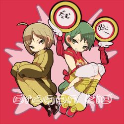  2girls ahoge blonde_hair bruce_lee&#039;s_jumpsuit chinese_clothes commentary_request detached_sleeves dragon_kid dual_persona green_eyes green_hair huang_baoling lowres multiple_girls picohebi shoes short_hair shorts sleeves_past_wrists sneakers superhero_costume thighhighs tiger_&amp;_bunny 