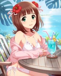  amami_haruka bikini blue_hawaii blue_sky bob_cut breasts brown_hair chair cleavage day drink drinking_straw female flower food frilled_bikini frills fruit glass green_eyes hair_flower hair_ornament hair_ribbon hibiscus hood hoodie idolmaster idolmaster_(classic) idolmaster_cinderella_girls jacket jacket_over_swimsuit looking_at_viewer medium_breasts ocean off_shoulder official_art open_clothes open_hoodie photoshop_(medium) pov_across_table ribbon seaside side-tie_bikini_bottom sitting sky soda solo summer swimsuit table tropical_drink white_bikini wooden_chair wooden_table 