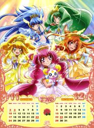  2013 5girls :d absurdres aoki_reika blonde_hair blue_eyes blue_hair blush bow bow-shaped_hair calendar_(medium) candy_(smile_precure!) choker creature cure_beauty cure_beauty_(princess_form) cure_happy cure_happy_(princess_form) cure_march cure_march_(princess_form) cure_peace cure_peace_(princess_form) cure_sunny cure_sunny_(princess_form) december dress earrings elbow_gloves frills gloves glowing green_eyes green_hair hair_flaps hair_tubes halo head_wings highres hino_akane_(smile_precure!) hoshizora_miyuki jewelry kawamura_toshie long_hair midorikawa_nao multiple_girls november official_art open_mouth orange_choker orange_dress orange_hair pink_bow pink_choker pink_eyes pink_hair ponytail precure red_hair smile smile_precure tiara twintails very_long_hair wings wrist_cuffs yayoi_kise yellow_eyes yellow_halo 