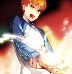  1boy commentary_request emiya_shirou fate/stay_night fate_(series) kuroemon male_focus neon_trim open_mouth orange_hair raglan_sleeves solo yellow_eyes 