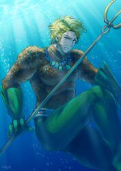  1boy aqua_man aquaman_(dc) aquaman_(series) arthur_curry blonde_hair blue_eyes dc_comics looking_at_viewer male male_focus muraosa_(conjecture) polearm scale_armor solo swimming trident underwater water weapon 