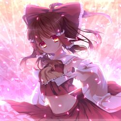  akai_(akanan) armpits ascot bow breasts brown_eyes brown_hair cherry_blossoms commentary_request detached_sleeves female hair_tubes hairbow hakurei_reimu long_sleeves looking_at_viewer medium_breasts midriff navel petals shirt sideboob skirt skirt_set solo spell_card touhou wide_sleeves 