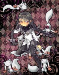  a-ki_(pixiv2305070) akemi_homura akemi_homura_(magical_girl) argyle_clothes argyle_legwear black_hair black_pantyhose braid commentary_request female frown glasses kyuubee long_hair magical_girl mahou_shoujo_madoka_magica mahou_shoujo_madoka_magica_(anime) on_one_knee pantyhose purple_eyes red-framed_eyewear skirt twin_braids 