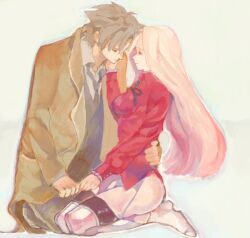  1boy boots coat commentary_request couple emiya_kiritsugu fate/zero fate_(series) female husband_and_wife irisviel_von_einzbern long_hair oekaki pantyhose potatozoo red_eyes straight thigh_boots thighhighs trench_coat white_hair 