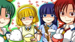  4girls :t aoki_reika blonde_hair blue_eyes blue_hair bowl chopsticks commentary_request dress_shirt eating food green_eyes green_hair hairband hino_akane_(smile_precure!) long_hair midorikawa_nao multiple_girls nanairogaoka_middle_school_uniform necktie nishi_koutarou painttool_sai_(medium) ponytail precure red_eyes red_hair rice rice_bowl school_uniform shirt short_hair smile smile_precure vest white_hairband yayoi_kise yellow_eyes 