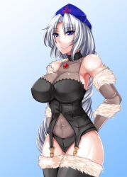  alternate_costume ashima_takumi bare_shoulders black_panties blue_eyes boots braid breasts commentary_request cosplay cowboy_shot female freia_kagami freia_kagami_(cosplay) fur_trim garter_straps grey_hair hat large_breasts long_hair nurse_cap panties parted_lips photoshop_(medium) simple_background single_braid smile solo thigh_boots thighhighs touhou touhou_tag_dream underwear wrestle_angels wrestle_angels_survivor wrestling_outfit yagokoro_eirin 