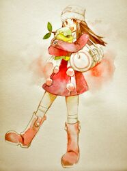  ^_^ affectionate bag beanie black_hair boots carrying closed_eyes coat commentary_request dawn_(pokemon) female hair_ornament hat holding hug long_hair muckmuck_msy38 open_mouth pink_footwear pokemon pokemon_(creature) pokemon_dppt pokemon_platinum scarf smile traditional_media turtwig winter_clothes 