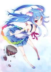  alternate_hairstyle blue_hair commentary_request dress female food fruit hinanawi_tenshi hong_(white_spider) keystone long_hair looking_at_viewer no_headwear peach photoshop_(medium) red_eyes smile solo touhou twintails 