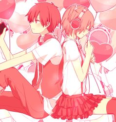  1boy back-to-back bad_id bad_pixiv_id balloon bow bowtie brother_and_sister closed_eyes closed_mouth collared_shirt digital_media_player facing_down facing_to_the_side feet_out_of_frame female frilled_skirt frills from_side hair_ornament hair_scrunchie headphones headphones_around_neck heart heart_balloon holding holding_balloon holding_digital_media_player ipod kagerou_project kisaragi_attention_(vocaloid) kisaragi_momo kisaragi_shintarou knees_out_of_frame light_blush light_smile long_hair looking_at_object looking_to_the_side miniskirt monochrome necktie open_clothes open_vest pants profile red_theme scanlines scrunchie shirt short_hair short_sleeves siblings side_ponytail sitting skirt string suspender_skirt suspenders thighhighs vest waistcoat yuzudaze 