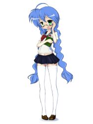  alternate_hairstyle bad_id bad_pixiv_id bespectacled blue_hair blush book braid female glasses green_eyes izumi_konata long_hair lucky_star mizushima_(p201112) mole mole_under_eye navel panties school_uniform serafuku solo thighhighs twin_braids twintails underwear 