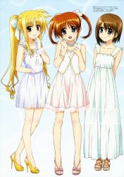  3girls absurdres blonde_hair blush brown_hair dress fate_testarossa high_heels highres imageboard_desourced legs lyrical_nanoha mahou_shoujo_lyrical_nanoha mahou_shoujo_lyrical_nanoha_a&#039;s mahou_shoujo_lyrical_nanoha_the_movie_2nd_a&#039;s megami_magazine multiple_girls non-web_source official_art okuda_yasuhiro open_mouth red_eyes scan shoes short_hair smile takamachi_nanoha twintails yagami_hayate 