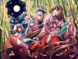  4girls animal_ears bamboo bamboo_forest branch brown_hair commentary_request forest full_moon grey_hair hat houraisan_kaguya inaba_tewi jeweled_branch_of_hourai long_hair long_skirt moon multiple_girls nature petals purple_hair rabbit_ears red_eyes reisen_udongein_inaba short_hair skirt suou_sakura touhou very_long_hair yagokoro_eirin 