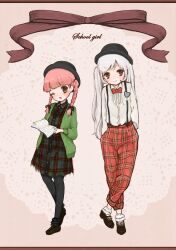  &gt;:) 2girls alternate_costume alternate_hairstyle bad_id bad_pixiv_id bobby_socks book bow bowtie braid brooch brown_eyes crossed_legs doily english_text fedora fujiwara_no_mokou full_body hands_in_pockets hat heart highres jewelry kaenbyou_rin mnmktn multiple_girls one_eye_closed open_book pants pantyhose pink_background plaid plaid_pants ribbon smile socks standing striped_clothes striped_pantyhose suspenders torn_clothes touhou twin_braids twintails v-shaped_eyebrows vertical-striped_clothes vertical-striped_pantyhose white_hair white_legwear 