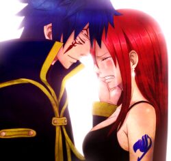  1boy blue_hair breasts clenched_teeth couple erza_scarlet fairy_tail female jellal_fernandes large_breasts long_hair red_hair short_hair tattoo tears teeth 