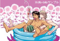  2boys ball barnaby_brooks_jr. blonde_hair brown_hair closed_eyes commentary_request facial_hair food full_body green_eyes kaburagi_t._kotetsu male_focus minamida multiple_boys nude popsicle stubble tiger_&amp;_bunny wading_pool water_gun 