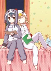  2girls animal_costume barefoot bed blue_hair book braid brown_eyes chicken_costume closed_eyes commentary_request furutani_himawari hair_ornament hairclip kohaku_seiya leaning leaning_on_person multiple_girls oomuro_sakurako pajamas rabbit_costume short_hair sitting sleeping sleeping_on_person star_(symbol) twin_braids window yuru_yuri 