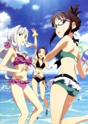  3girls ;d absurdres akizuki_ritsuko bikini bracelet breasts cleavage cloud day folded_ponytail frilled_bikini frills glasses highres idolmaster idolmaster_(classic) jewelry medium_breasts miura_azusa multiple_girls navel ocean official_art one_eye_closed open_mouth polka_dot polka_dot_bikini polka_dot_swimsuit scan shijou_takane sky smile swimsuit tanaka_yuusuke 