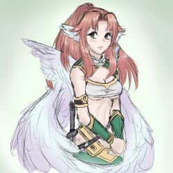  agarest_senki agarest_senki_(series) angel_wings bad_link bandeau blush breasts brown_hair cleavage exp female green_eyes green_wrist_cuffs large_wings long_hair medium_breasts midriff ponytail silvi_(agarest_senki) solo strapless sword underboob vambraces weapon wings 