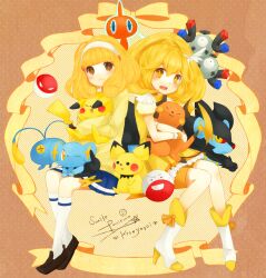  :&lt; antennae bad_id bad_pixiv_id blonde_hair boots bow brown_eyes cardigan character_name chinchou choker colored_sclera copyright_name cross-shaped_pupils cure_peace dual_persona electrode_(pokemon) female hair_flaps hairband holding holding_pokemon luxray magical_girl magneton nanairogaoka_middle_school_uniform on_lap orange_choker orange_shorts pichu pikachu pokemon pokemon_(creature) pokemon_on_lap polka_dot polka_dot_background ponytail potako power_connection precure raichu rotom rotom_(normal) school_uniform shinx shorts shorts_under_skirt sitting skirt smile smile_precure striped striped_background symbol-shaped_pupils tears voltorb white_hairband wrist_cuffs yayoi_kise yellow_eyes yellow_sclera yellow_skirt yellow_theme 