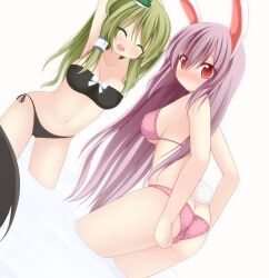  2girls :d ^_^ adjusting_clothes adjusting_swimsuit animal_ears armpits arms_up ass bandeau bikini black_bikini blush breasts butt_crack chimunge closed_eyes collarbone commentary_request frog_hair_ornament green_hair hair_ornament hair_tubes highres kochiya_sanae long_hair looking_back medium_breasts multiple_girls navel open_mouth polka_dot polka_dot_bikini polka_dot_swimsuit purple_hair rabbit_ears rabbit_tail red_eyes reisen_udongein_inaba side-tie_bikini_bottom smile swimsuit tail touhou trefoil wading 