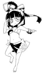  barefoot bikini chibi female frills front_ponytail greyscale groin hair_ribbon kagiyama_hina kannazuki_hato long_hair monochrome photoshop_(medium) print_sarong ribbon ringed_eyes sarong smile solo swimsuit touhou 