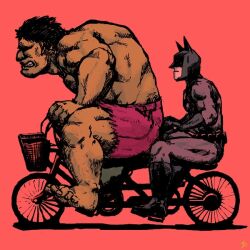  2boys batman batman_(series) bicycle black_hair bruce_wayne cape crossover dc_comics green_skin hulk male male_focus marvel mask multiple_boys muscle pixiv_thumbnail resized 