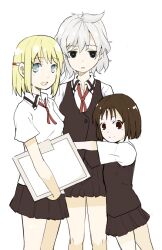  3girls 841_(chinchilla) aislinn_wishart blonde_hair blue_eyes blush brown_eyes brown_hair commentary_request height_difference kakura_kurumi kosegawa_shiromi miyamori_school_uniform multiple_girls object_behind_ear pen ribbon saki_(manga) school_uniform short_hair smile uniform_vest white_hair 